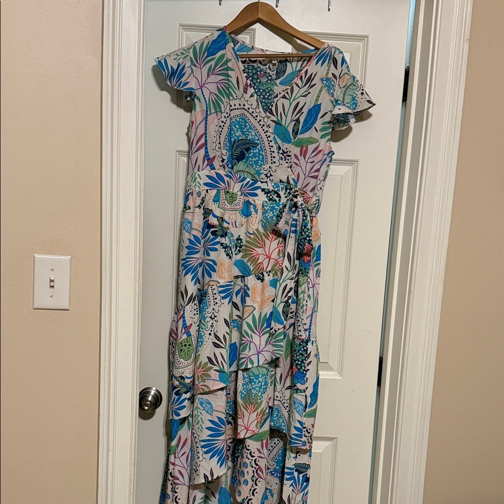 MELLODAY Blue and Green Floral High Low Dress